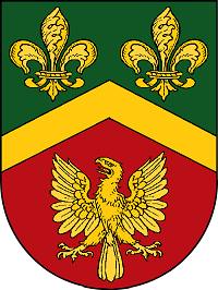 Isabel Maria's Arms: per chevron vert and gules, a chevron between two fleur de lys and an eagle, or