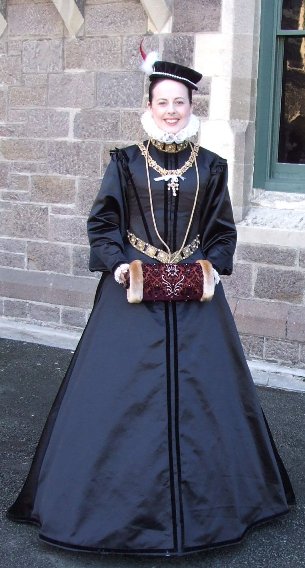 The velvet trimmed, black satin Mongil Trancado (back-laced gown) worn at Mid-Winter Coronation, 2007